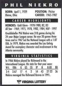 1998 Virginia Lottery Baseball Legends #NNO Phil Niekro Back