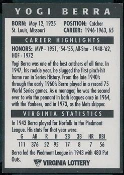 1998 Virginia Lottery Baseball Legends - Autographs #NNO Yogi Berra Back
