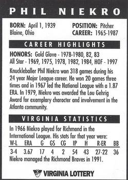 1998 Virginia Lottery Baseball Legends - Autographs #NNO Phil Niekro Back