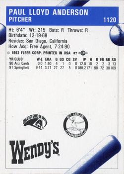 1992 Fleer ProCards Arkansas Travelers SGA #1120 Paul Anderson Back