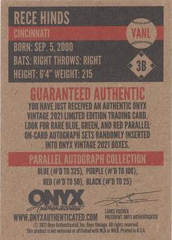 2021 Onyx Vintage - Autographs Blue #VANL Rece Hinds Back