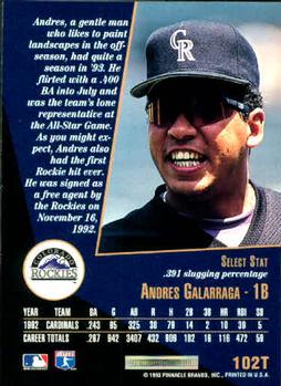 1993 Select Rookie & Traded #102T Andres Galarraga Back