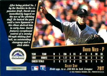 1993 Select Rookie & Traded #78T David Nied Back