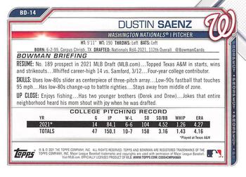2021 Bowman Draft #BD-14 Dustin Saenz Back