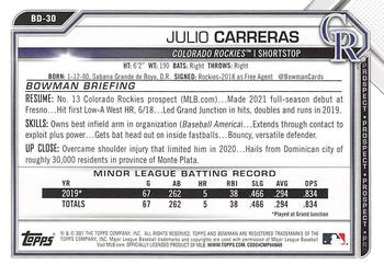 2021 Bowman Draft #BD-30 Julio Carreras Back