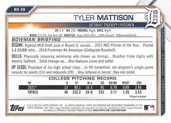 2021 Bowman Draft #BD-58 Tyler Mattison Back
