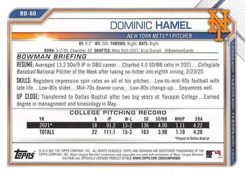 2021 Bowman Draft #BD-60 Dominic Hamel Back