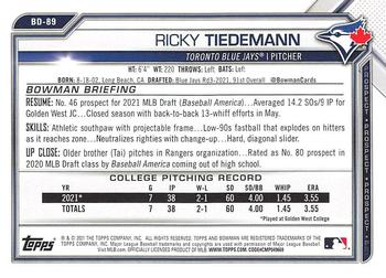 2021 Bowman Draft #BD-89 Ricky Tiedemann Back