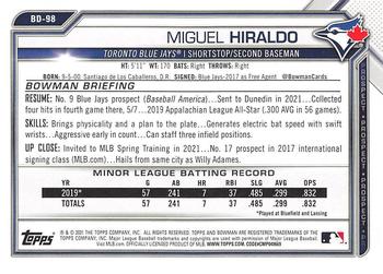 2021 Bowman Draft #BD-98 Miguel Hiraldo Back