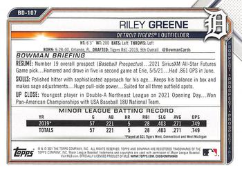 2021 Bowman Draft #BD-107 Riley Greene Back