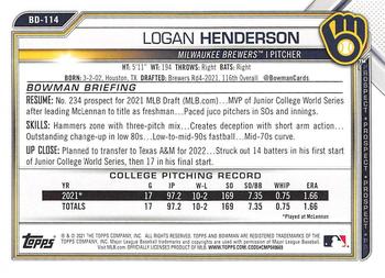 2021 Bowman Draft #BD-114 Logan Henderson Back