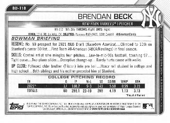 2021 Bowman Draft #BD-118 Brendan Beck Back
