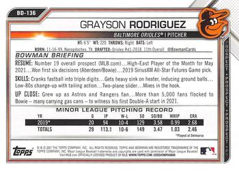 2021 Bowman Draft #BD-136 Grayson Rodriguez Back