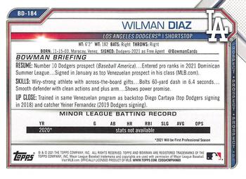 2021 Bowman Draft #BD-184 Wilman Diaz Back