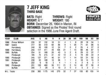 1993 Hills Pittsburgh Pirates Kids Club #NNO Jeff King Back