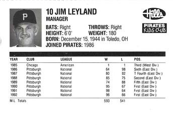 1993 Hills Pittsburgh Pirates Kids Club #NNO Jim Leyland Back
