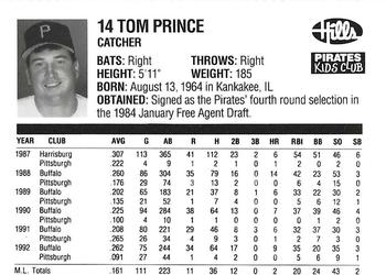 1993 Hills Pittsburgh Pirates Kids Club #NNO Tom Prince Back