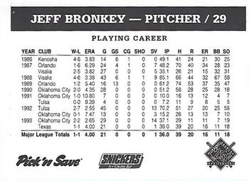 1994 Milwaukee Brewers Police - Your Local Police Department, Green Giant / Pillsbury #NNO Jeff Bronkey Back