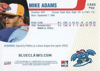 2021 Choice Jersey Shore BlueClaws #02 Mike Adams Back