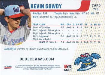 2021 Choice Jersey Shore BlueClaws #09 Kevin Gowdy Back