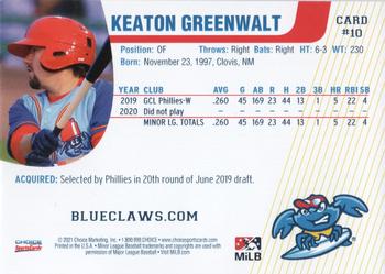 2021 Choice Jersey Shore BlueClaws #10 Keaton Greenwalt Back