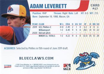 2021 Choice Jersey Shore BlueClaws #17 Adam Leverett Back