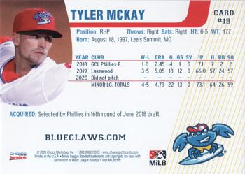2021 Choice Jersey Shore BlueClaws #19 Tyler McKay Back