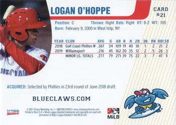 2021 Choice Jersey Shore BlueClaws #21 Logan O'Hoppe Back