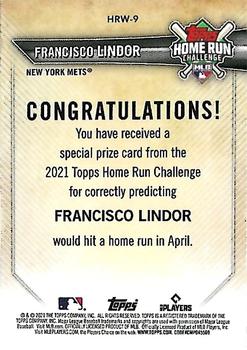 2021 Topps - Home Run Challenge Winners April #HRW-9 Francisco Lindor Back