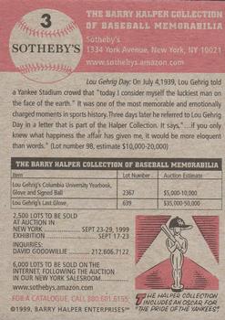 1999 Sotheby's Barry Halper Collection of Baseball Memorabilia #3 Lou Gehrig Back