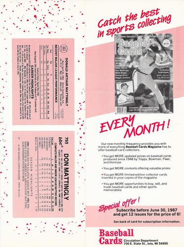 1987 Baseball Cards Magazine Repli-cards - Panels #661/793 Don Mattingly Back