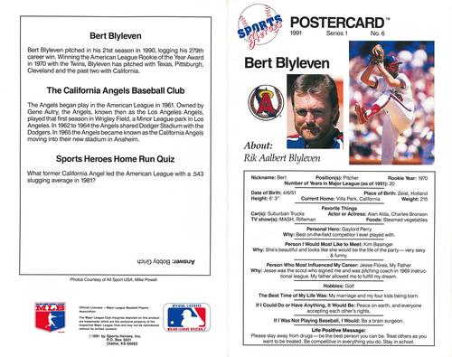 1991 Sports Heroes Postercards #NNO Bert Blyleven Back