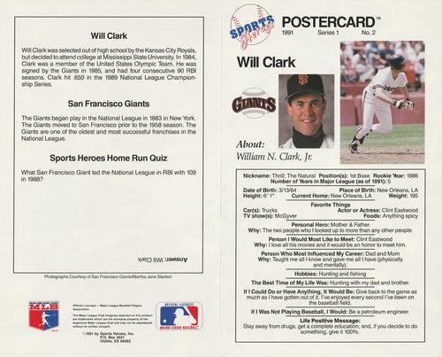1991 Sports Heroes Postercards #NNO Will Clark Back