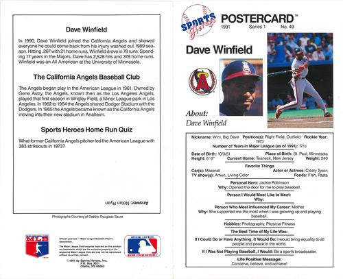 1991 Sports Heroes Postercards #NNO Dave Winfield Back