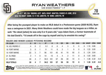 2022 Topps #70 Ryan Weathers Back