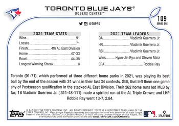 2022 Topps #109 Toronto Blue Jays Back