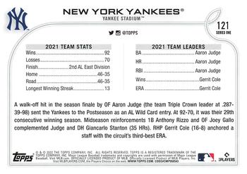 2022 Topps #121 New York Yankees Back