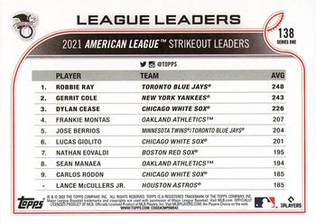 2022 Topps #138 AL Strikeouts Leaders (Robbie Ray / Gerrit Cole / Dylan Cease) Back