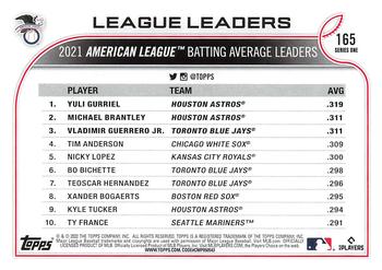 2022 Topps #165 AL Batting Average Leaders (Yuli Gurriel / Michael Brantley / Vladimir Guerrero Jr.) Back