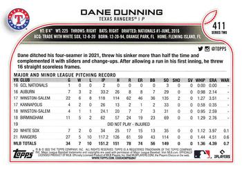 2022 Topps #411 Dane Dunning Back