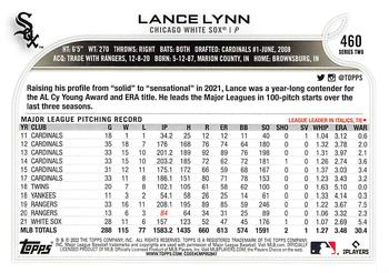2022 Topps #460 Lance Lynn Back