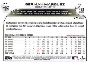 2022 Topps #498 German Marquez Back