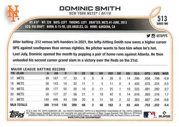 2022 Topps #513 Dominic Smith Back