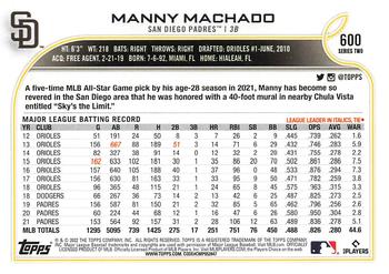 2022 Topps #600 Manny Machado Back
