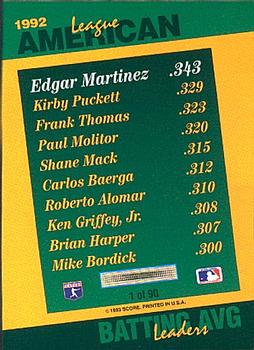 1993 Score - Select Stat Leaders #1 Edgar Martinez Back