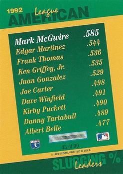 1993 Score - Select Stat Leaders #43 Mark McGwire Back