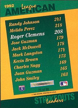1993 Score - Select Stat Leaders #75 Roger Clemens Back