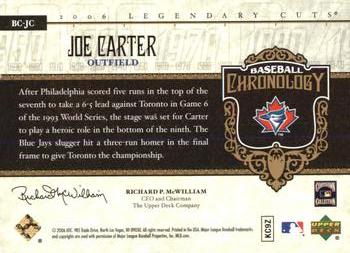 2006 SP Legendary Cuts - Baseball Chronology #BC-JC Joe Carter Back