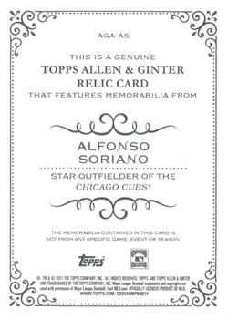 2021 Topps Allen & Ginter - Full-Size Relics A #AGA-AS Alfonso Soriano Back