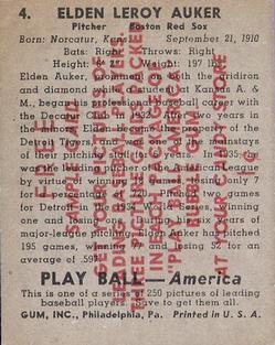 1939 Play Ball - Samples #4 Elden Auker Back